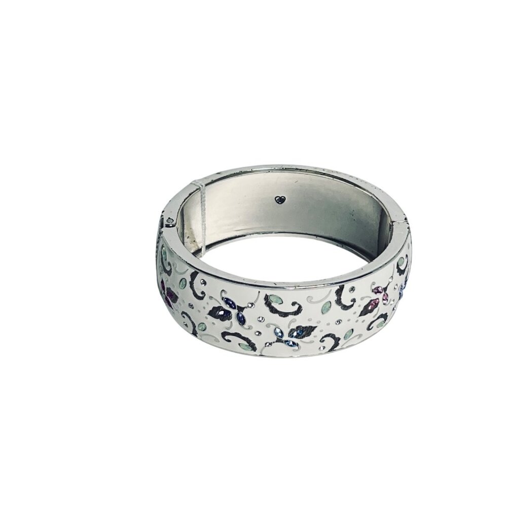 Brighton White Enamel W/ Pastel Rhinestone Flowers Hinged Bangle Bracelet (5969)